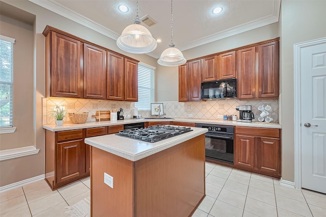 2500 Amy Lee Dr, Conroe, TX 77304 - kitchen featuring black appliances, light tile patterned flooring, light countertops, brown cabinets, and crown molding