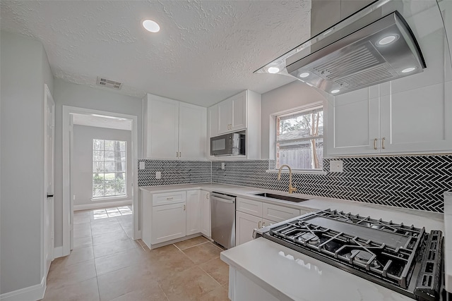 9602 John Bank Dr, Spring, TX 77379 - kitchen featuring ventilation hood, a sink, stainless steel dishwasher, healthy amount of natural light, and a textured ceiling
