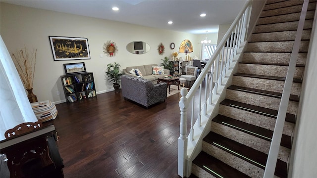 1805 Stoney Brook Dr Unit 103, Houston, TX 77063 - living room featuring stairway, a chandelier, recessed lighting, dark wood finished floors, and baseboards