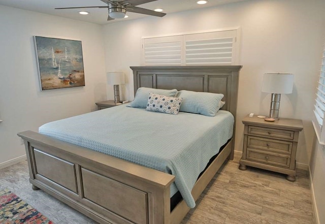 450 County Road 206, Sargent, TX 77414 - bedroom featuring baseboards, light wood-style floors, recessed lighting, and a ceiling fan