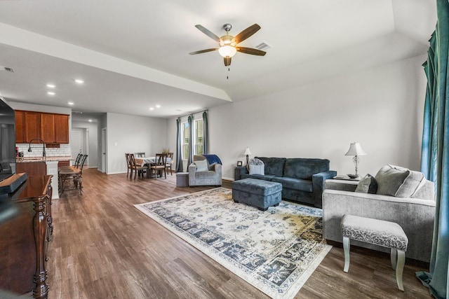 819 Spruce Pine Dr, Conroe, TX 77318 - living room with a ceiling fan, dark wood-style floors, recessed lighting, and baseboards