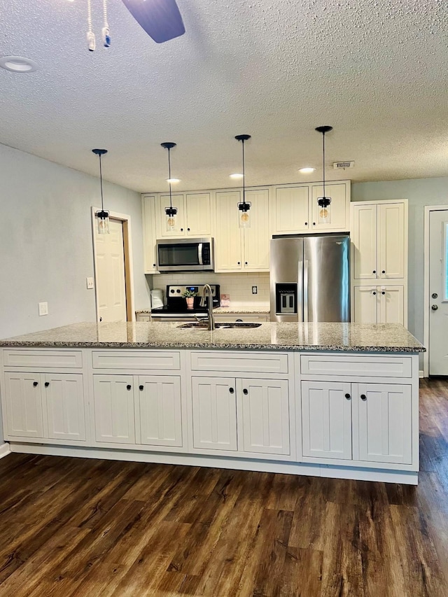 1301 Cherie Brook Dr, Goliad, TX 77963 - kitchen featuring appliances with stainless steel finishes, dark wood finished floors, a sink, a textured ceiling, and light stone counters