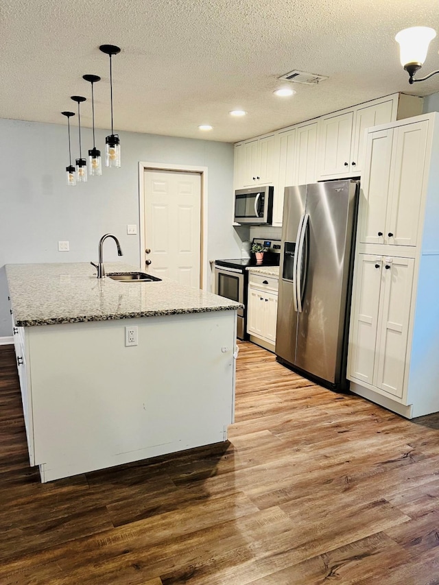 1301 Cherie Brook Dr, Goliad, TX 77963 - kitchen with stainless steel appliances, a sink, wood finished floors, white cabinets, and light stone counters