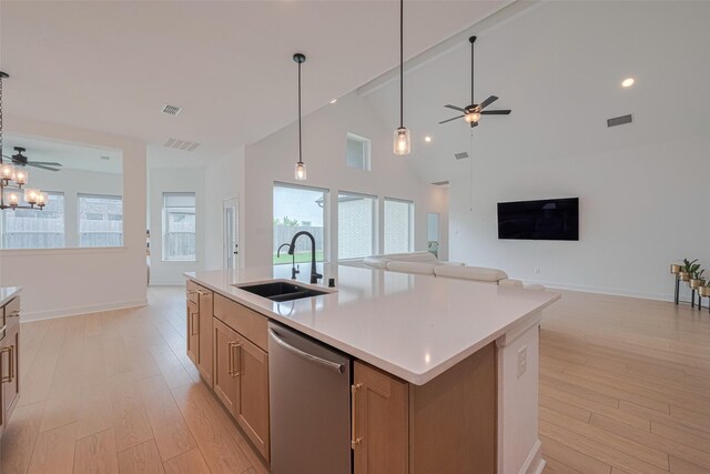 2610 Texas Orange Trl, Richmond, TX 77406 - kitchen with a sink, dishwasher, open floor plan, ceiling fan, and high vaulted ceiling