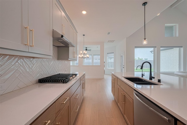 2610 Texas Orange Trl, Richmond, TX 77406 - kitchen featuring appliances with stainless steel finishes, a sink, under cabinet range hood, light countertops, and decorative backsplash