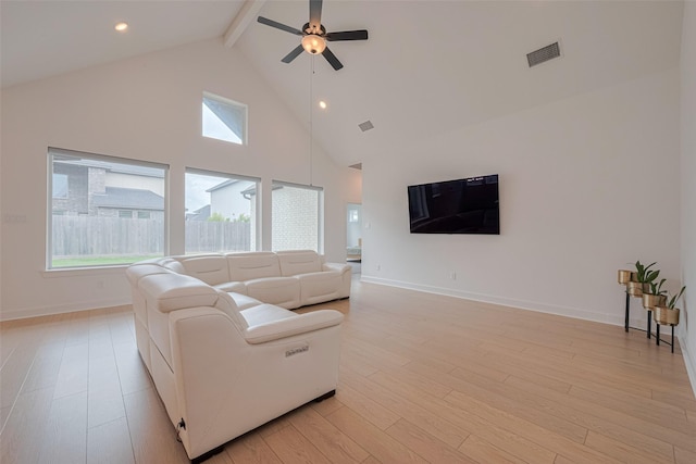 2610 Texas Orange Trl, Richmond, TX 77406 - living area with beam ceiling, ceiling fan, high vaulted ceiling, light wood-style flooring, and baseboards