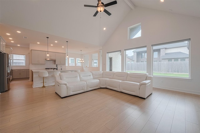 2610 Texas Orange Trl, Richmond, TX 77406 - living room with beam ceiling, ceiling fan, light wood-style floors, high vaulted ceiling, and recessed lighting