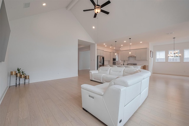 2610 Texas Orange Trl, Richmond, TX 77406 - living area featuring a chandelier, a ceiling fan, beamed ceiling, light wood finished floors, and high vaulted ceiling