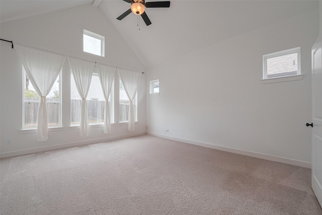 2610 Texas Orange Trl, Richmond, TX 77406 - unfurnished room with high vaulted ceiling, ceiling fan, baseboards, and light carpet