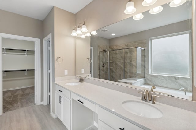 24730 Harbor Terrace Ln, Richmond, TX 77406 - bathroom featuring a stall shower, wood finished floors, double vanity, and a spacious closet