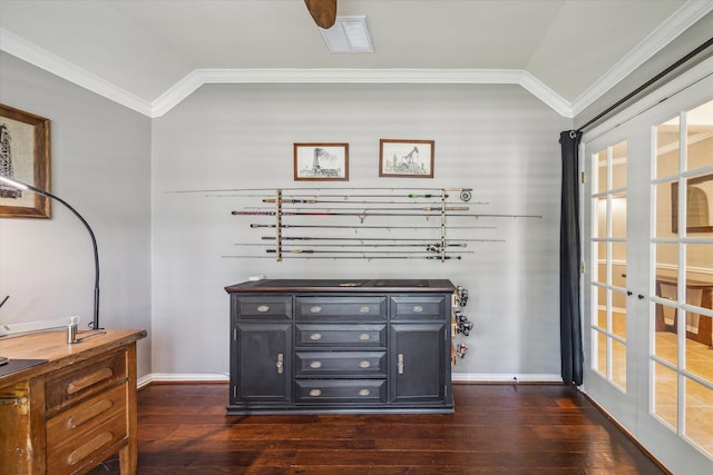 8514 Babbling Brook Ct, Sugar Land, TX 77479 - detailed view of wood finished floors, crown molding, baseboards, and french doors