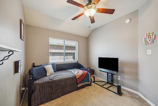 8514 Babbling Brook Ct, Sugar Land, TX 77479 - bedroom with carpet floors, baseboards, lofted ceiling, and a ceiling fan