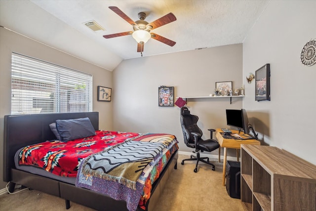 8514 Babbling Brook Ct, Sugar Land, TX 77479 - bedroom with light colored carpet, baseboards, an office area, a ceiling fan, and lofted ceiling