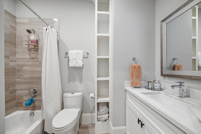 full bathroom with toilet, shower / bath combo with shower curtain, and vanity