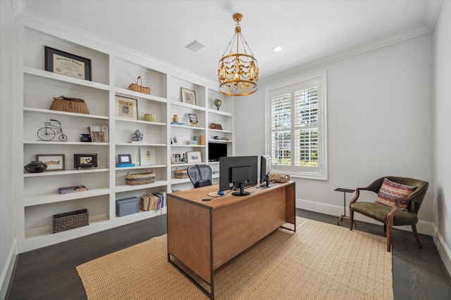 home office with crown molding, a chandelier, baseboards, wood finished floors, and recessed lighting