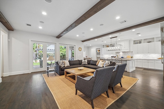 living area with beamed ceiling, dark wood-type flooring, recessed lighting, and baseboards