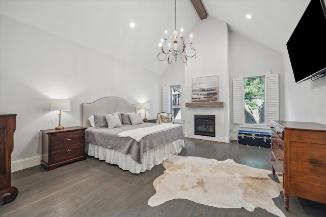 bedroom with beam ceiling, a chandelier, high vaulted ceiling, dark wood finished floors, and baseboards