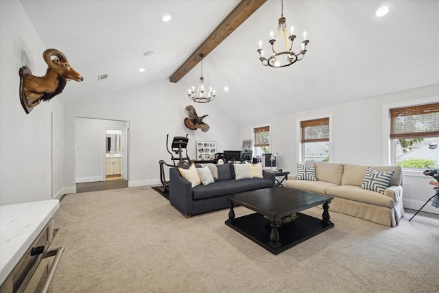 carpeted living area with a chandelier, recessed lighting, and baseboards