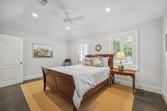 bedroom with baseboards, wood finished floors, recessed lighting, a ceiling fan, and vaulted ceiling
