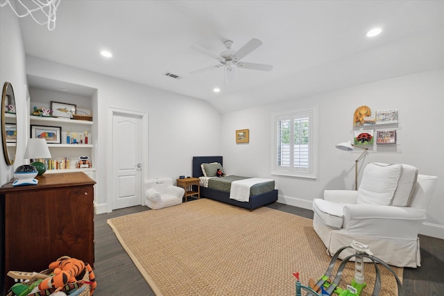 bedroom with recessed lighting, dark wood-style flooring, a ceiling fan, and baseboards