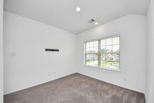 24063 Hawthorn Lakes Dr, New Caney, TX 77357 - empty room featuring carpet floors, baseboards, recessed lighting, and lofted ceiling