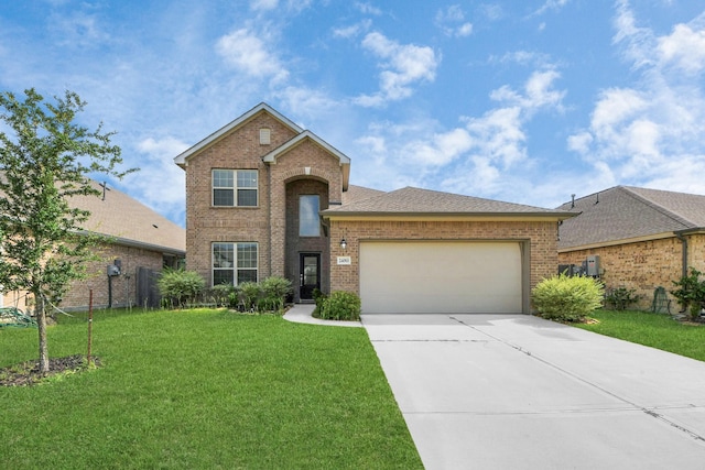 24063 Hawthorn Lakes Dr, New Caney, TX 77357 - traditional-style house featuring brick siding, an attached garage, concrete driveway, and a front yard