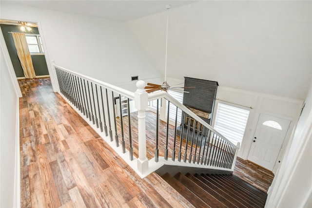 55 Willow Ct, Lake Jackson, TX 77566 - stairs with wood finished floors, a ceiling fan, and lofted ceiling
