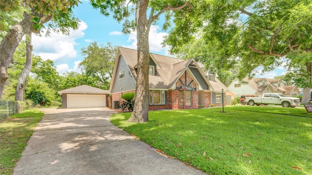 55 Willow Ct, Lake Jackson, TX 77566 - view of front of property with brick siding, a front yard, a garage, an outdoor structure, and central air condition unit
