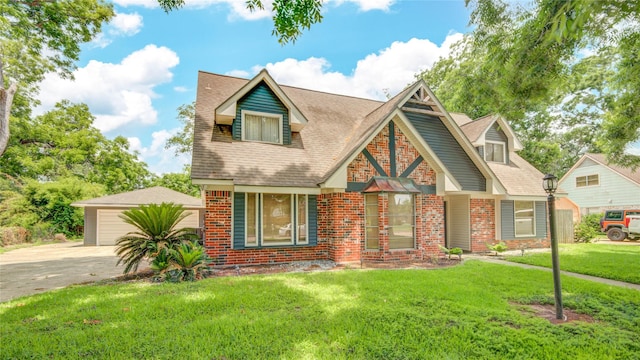 55 Willow Ct, Lake Jackson, TX 77566 - view of front of house with a detached garage, a front lawn, brick siding, and a shingled roof