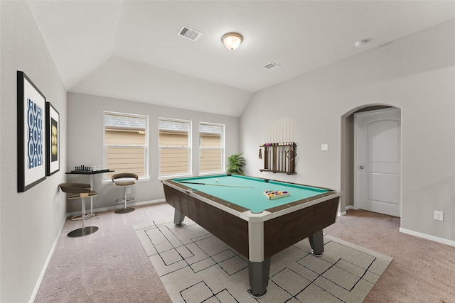 14818 Autumn Long Trl, Humble, TX 77396 - playroom with carpet flooring, lofted ceiling, arched walkways, baseboards, and billiards table