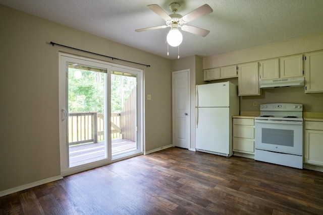 2521 Crosstimbers St Unit G3, Huntsville, TX 77320 - kitchen with white appliances, under cabinet range hood, dark wood-style flooring, baseboards, and a textured ceiling
