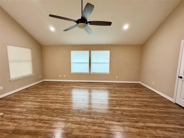 534 Oakdale Dr, Huntsville, TX 77320 - unfurnished room with lofted ceiling, wood finished floors, baseboards, a ceiling fan, and recessed lighting