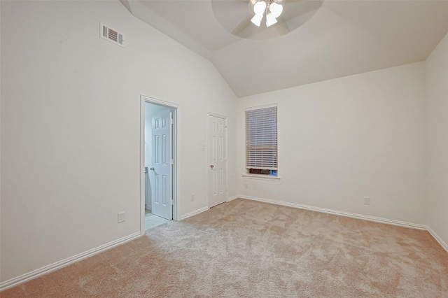 105 Checkerbloom Ct, Montgomery, TX 77316 - unfurnished room with light colored carpet, a ceiling fan, lofted ceiling, and baseboards