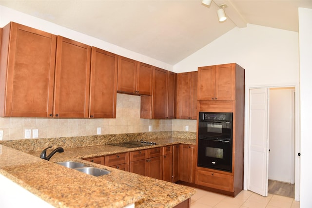kitchen with a sink, black appliances, light stone countertops, and a peninsula