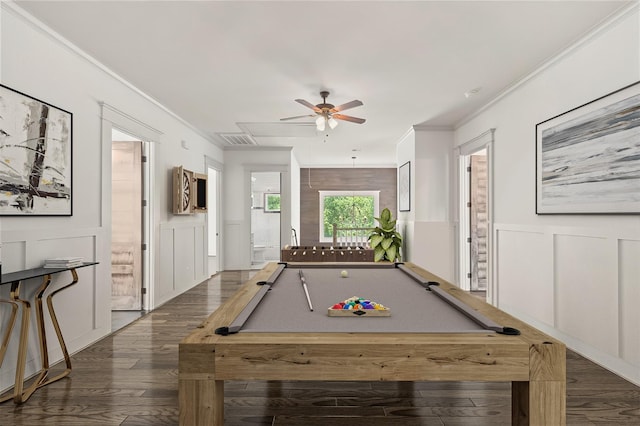 1202 Archer St, Houston, TX 77009 - playroom with wood finished floors, crown molding, ceiling fan, a decorative wall, and pool table