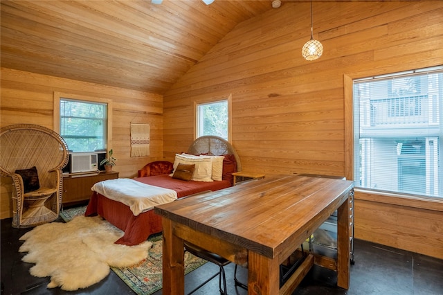 1202 Archer St, Houston, TX 77009 - dining room with vaulted ceiling, wooden walls, wood ceiling, and cooling unit
