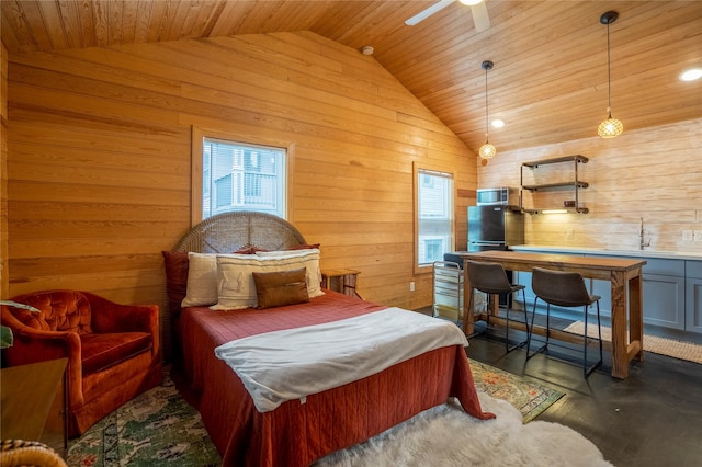 1202 Archer St, Houston, TX 77009 - bedroom with lofted ceiling, a sink, wooden ceiling, wooden walls, and multiple windows