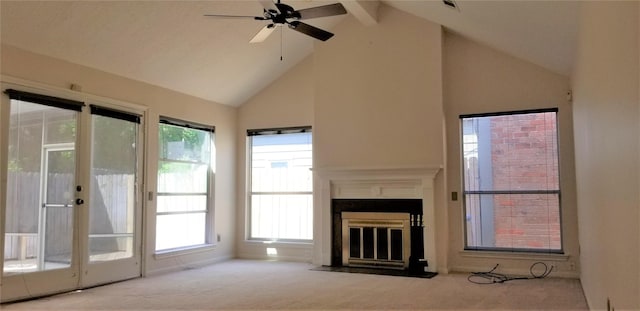 2118 Linea Del Pino St, Houston, TX 77077 - unfurnished living room featuring carpet floors, high vaulted ceiling, ceiling fan, a fireplace with flush hearth, and healthy amount of natural light