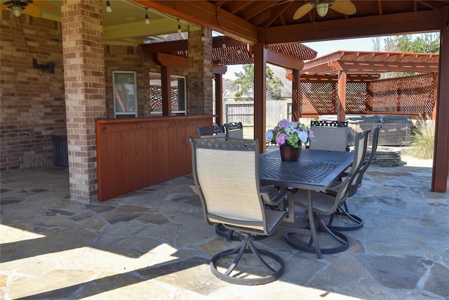 2603 Briar Rose Ct, Pearland, TX 77584 - view of patio featuring a ceiling fan, a covered hot tub, a gazebo, fence, and a pergola