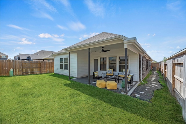 208 Catalina Cove Dr, Katy, TX 77493 - back of house with a ceiling fan, a patio area, outdoor lounge area, and a shingled roof