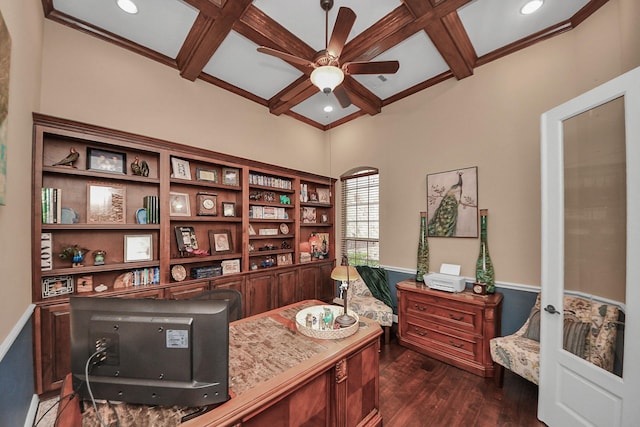 18910 Winding Atwood Ln, Tomball, TX 77377 - office with coffered ceiling, ceiling fan, dark wood-style floors, beam ceiling, and recessed lighting