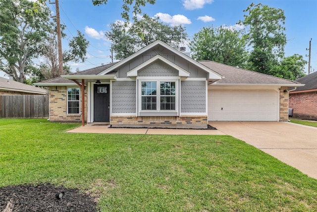 9802 Pale Star Dr, Houston, TX 77064 - view of front of home with concrete driveway, a garage, brick siding, board and batten siding, and roof with shingles
