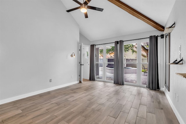 9802 Pale Star Dr, Houston, TX 77064 - spare room featuring a ceiling fan, wood finished floors, high vaulted ceiling, beam ceiling, and baseboards