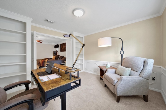 12806 Ivyforest Dr, Cypress, TX 77429 - office area featuring crown molding, wainscoting, and light colored carpet
