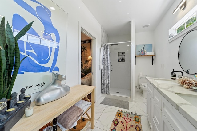 2719 Alabama St, Houston, TX 77004 - full bathroom featuring marble finish flooring, a stall shower, toilet, and double vanity