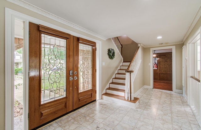 10523 Fawnview Dr, Houston, TX 77070 - entryway featuring french doors, baseboards, stairway, and light marble finish floors