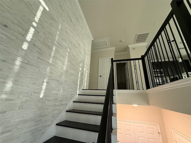 10307 Harmon Smith Dr, Houston, TX 77025 - stairs featuring a high ceiling and ornamental molding