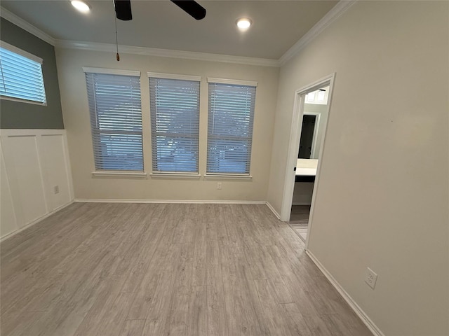 10307 Harmon Smith Dr, Houston, TX 77025 - spare room featuring a ceiling fan, wood finished floors, ornamental molding, and recessed lighting