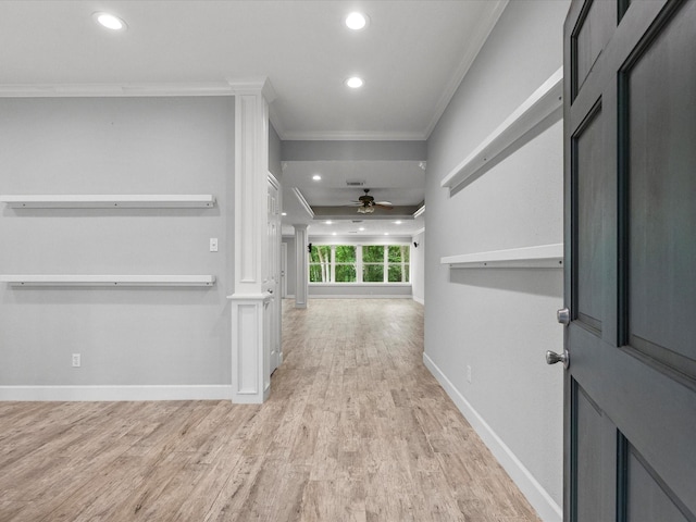 5401 Palm Dr, Dickinson, TX 77539 - hall featuring crown molding, wood finished floors, recessed lighting, and baseboards