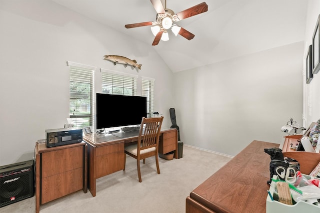 31815 Forest Oak Ln, Conroe, TX 77385 - office with vaulted ceiling, ceiling fan, and light carpet